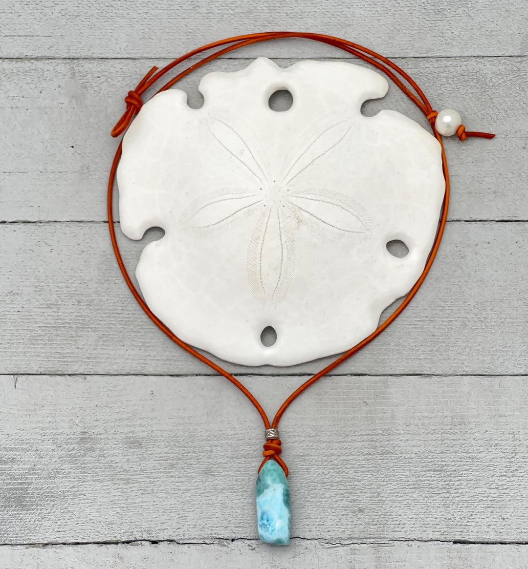 Larimar Crystal, White Freshwater Pearls, and Rustic Brown Leather Necklace - SunlightSilver