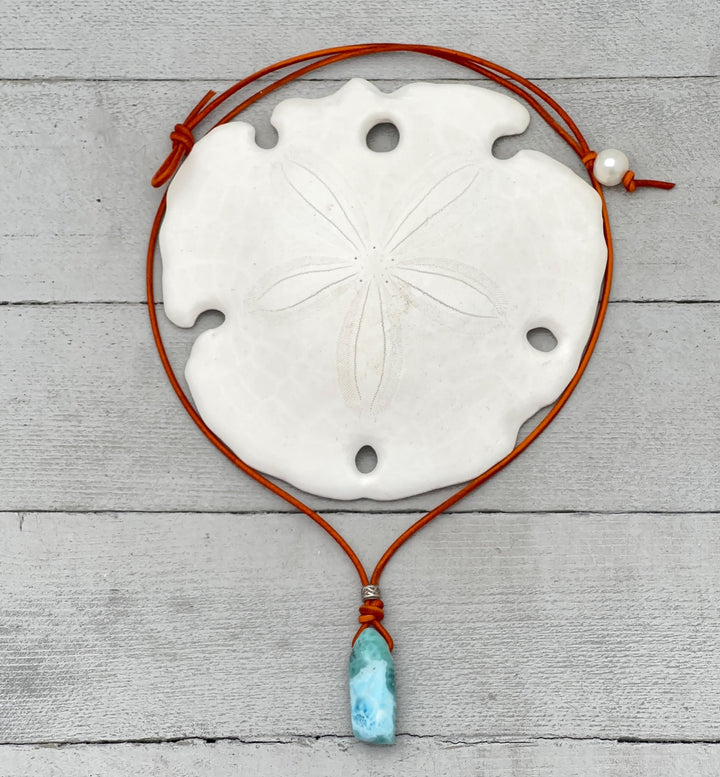 Larimar Crystal, White Freshwater Pearls, and Rustic Brown Leather Necklace - SunlightSilver
