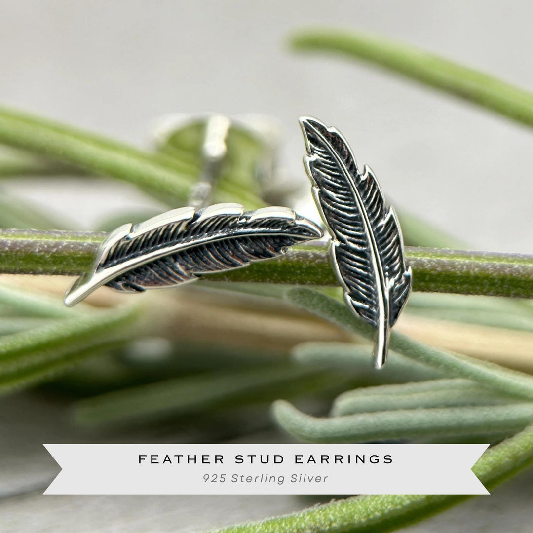 Sterling Silver Feather or Leaf Stud Earrings – 925 Silver Nature Jewelry – Dainty Boho Post Earrings - SunlightSilver