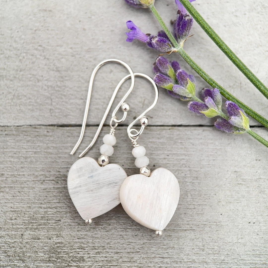 White Moonstone Heart Sterling Silver Earrings - Faceted Gemstone June Birthstone - SunlightSilver