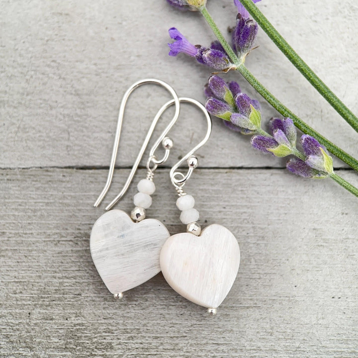 White Moonstone Heart Sterling Silver Earrings - Faceted Gemstone June Birthstone - SunlightSilver