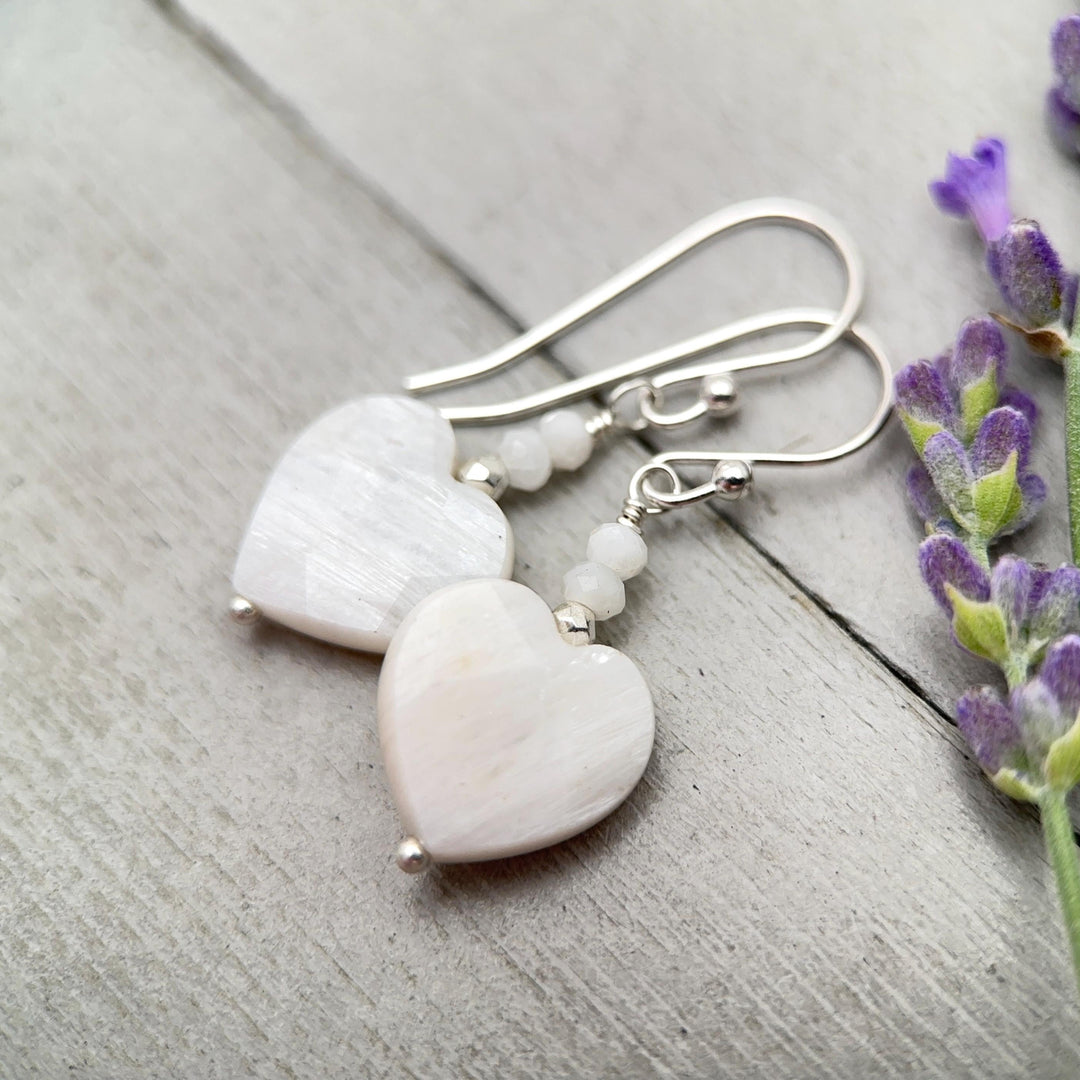 White Moonstone Heart Sterling Silver Earrings - Faceted Gemstone June Birthstone - SunlightSilver