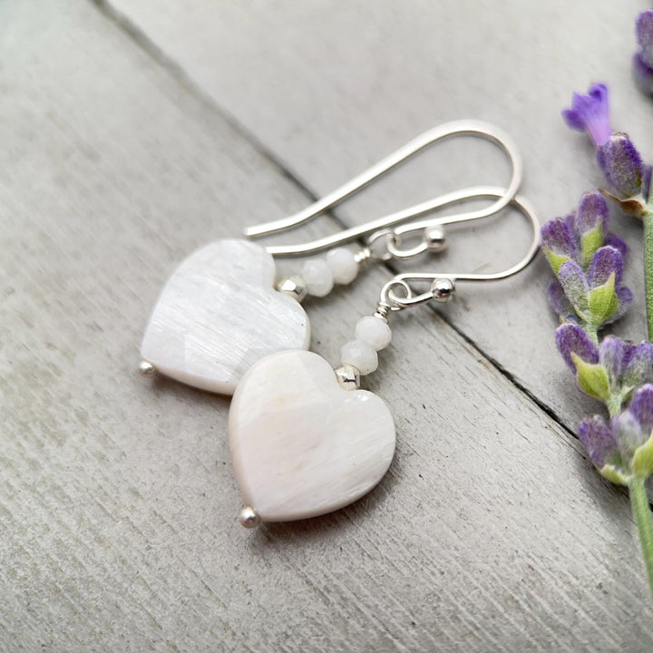 White Moonstone Heart Sterling Silver Earrings - Faceted Gemstone June Birthstone - SunlightSilver