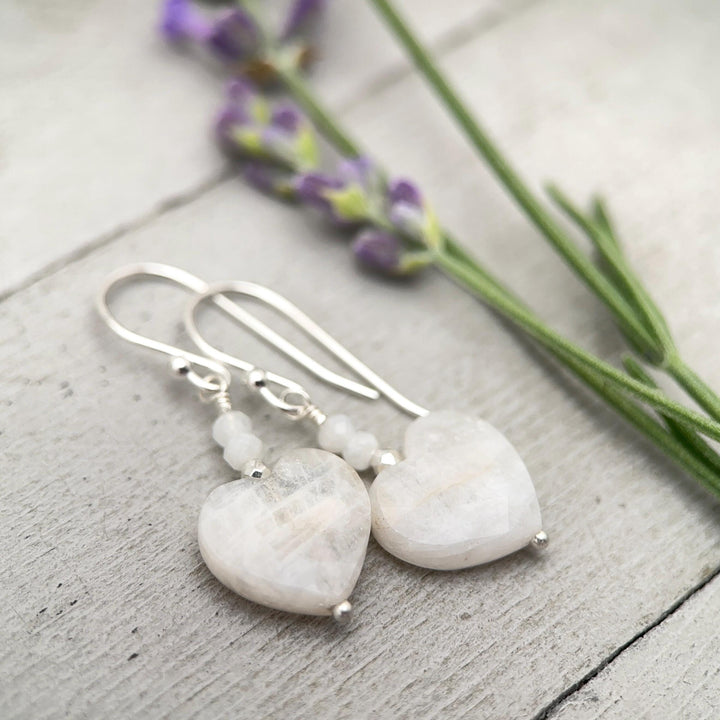 White Moonstone Heart Sterling Silver Earrings - Faceted Gemstone June Birthstone - SunlightSilver
