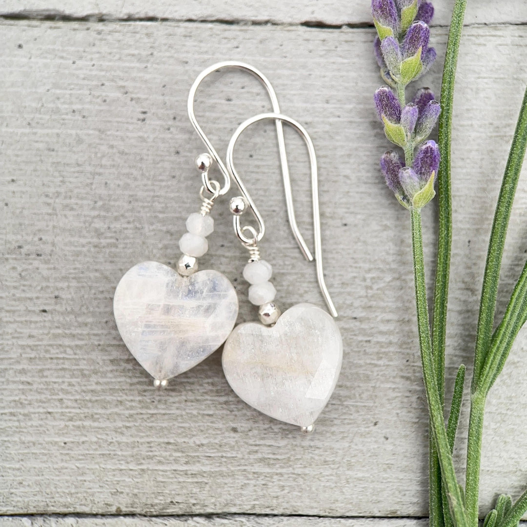 White Moonstone Heart Sterling Silver Earrings - Faceted Gemstone June Birthstone - SunlightSilver