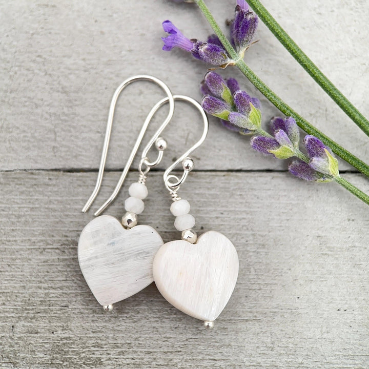 White Moonstone Heart Sterling Silver Earrings - Faceted Gemstone June Birthstone - SunlightSilver