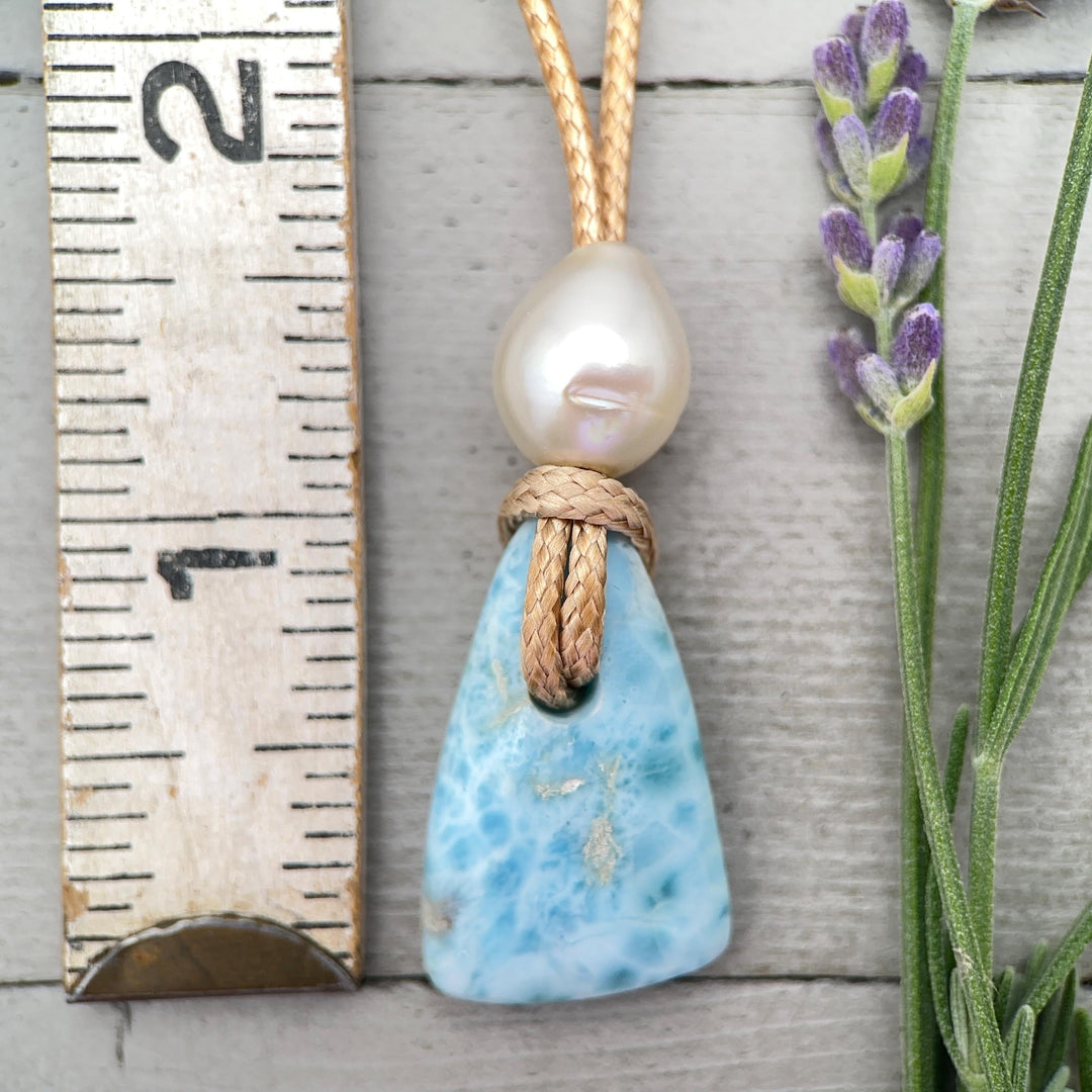 Larimar and Rustic Brown Leather Necklace with Freshwater Pearl - SunlightSilver