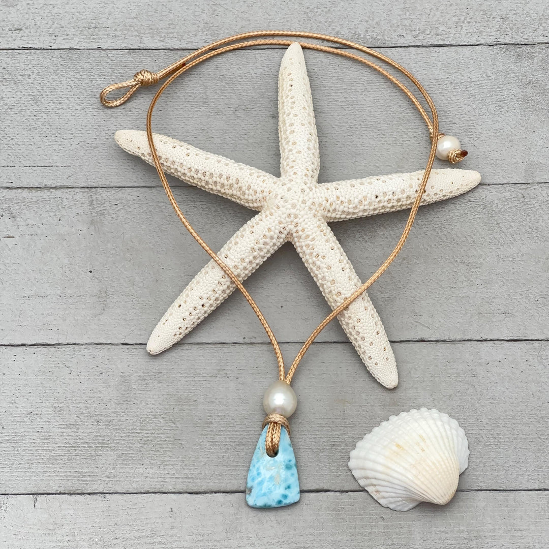 Larimar and Rustic Brown Leather Necklace with Freshwater Pearl - SunlightSilver