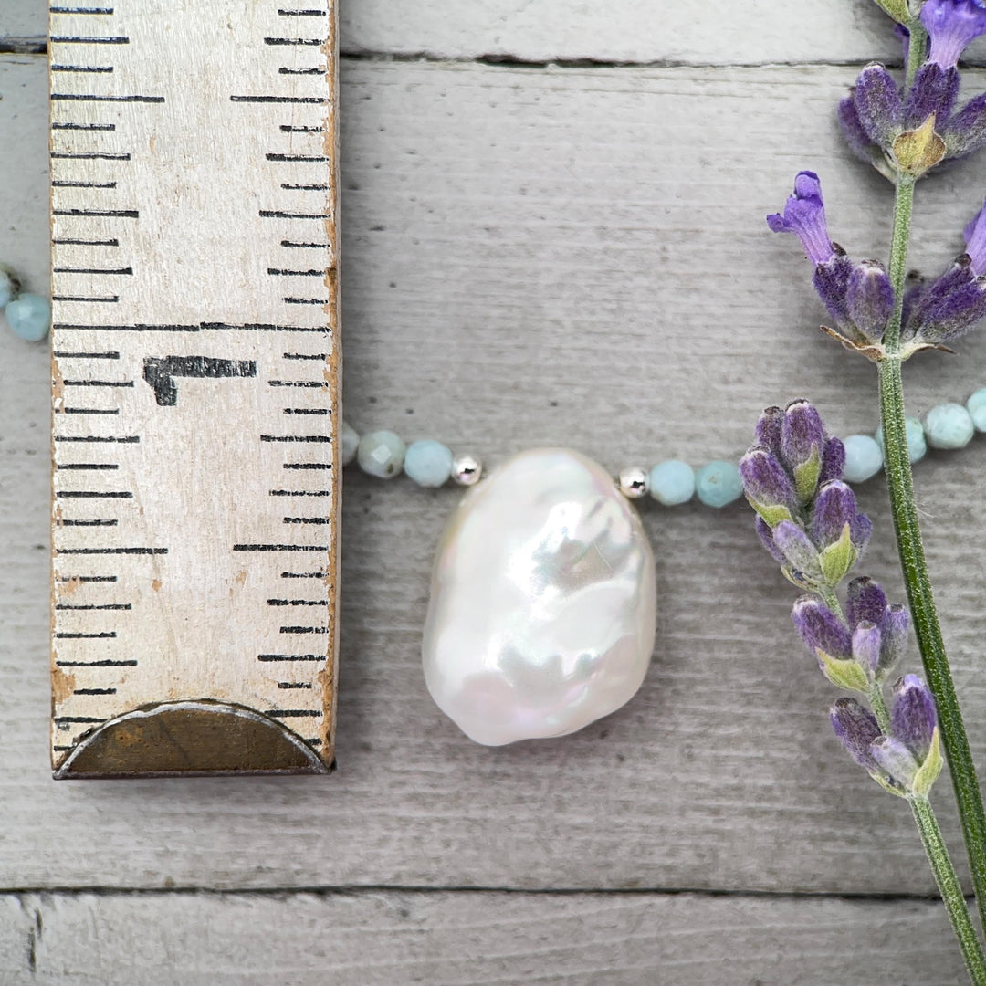 Larimar and Keshi Pearl Necklace - Genuine Blue Larimar Beaded, White Keshi Pearl, Sterling Silver - Ocean Inspired Jewelry - SunlightSilver