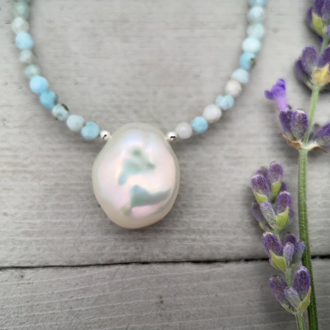 Larimar and Keshi Pearl Necklace - Genuine Blue Larimar Beaded, White Keshi Pearl, Sterling Silver - Ocean Inspired Jewelry - SunlightSilver