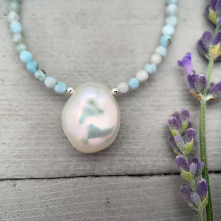 Larimar and Keshi Pearl Necklace - Genuine Blue Larimar Beaded, White Keshi Pearl, Sterling Silver - Ocean Inspired Jewelry - SunlightSilver