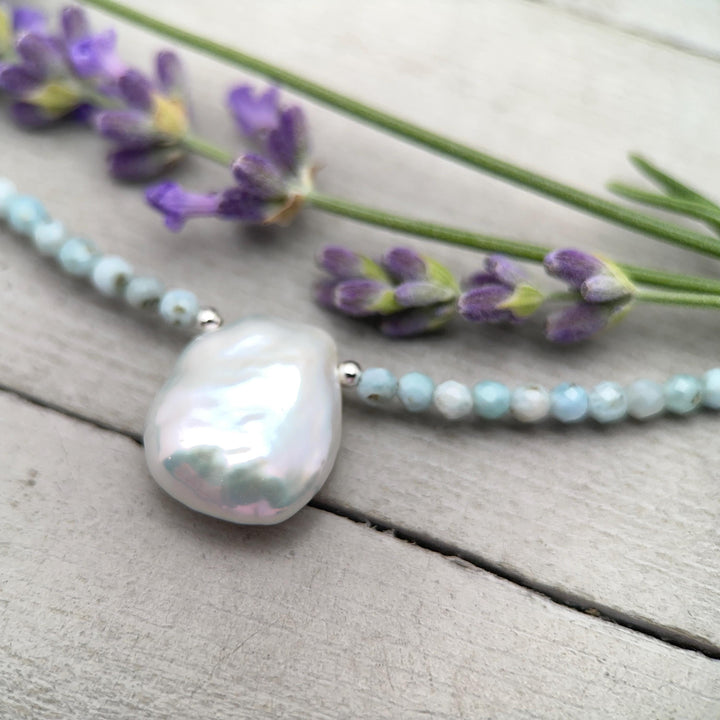 Larimar and Keshi Pearl Necklace - Genuine Blue Larimar Beaded, White Keshi Pearl, Sterling Silver - Ocean Inspired Jewelry - SunlightSilver