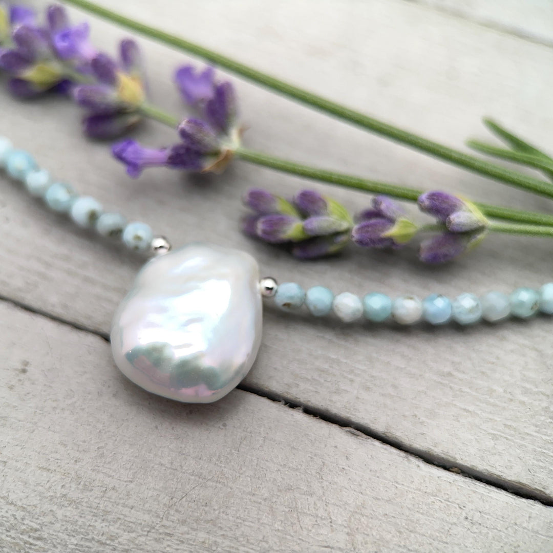 Larimar and Keshi Pearl Necklace - Genuine Blue Larimar Beaded, White Keshi Pearl, Sterling Silver - Ocean Inspired Jewelry - SunlightSilver