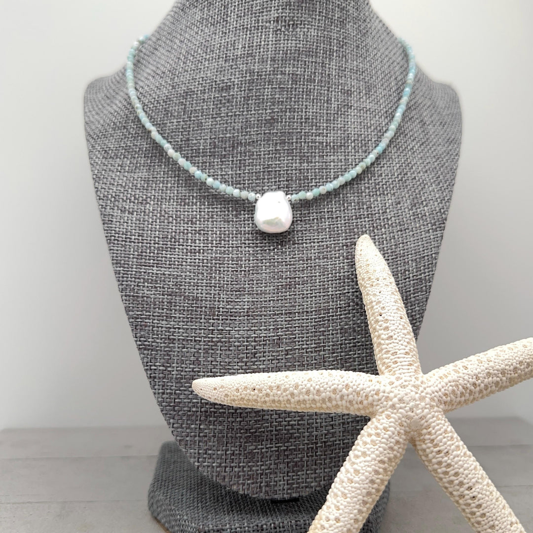 Larimar and Keshi Pearl Necklace - Genuine Blue Larimar Beaded, White Keshi Pearl, Sterling Silver - Ocean Inspired Jewelry - SunlightSilver