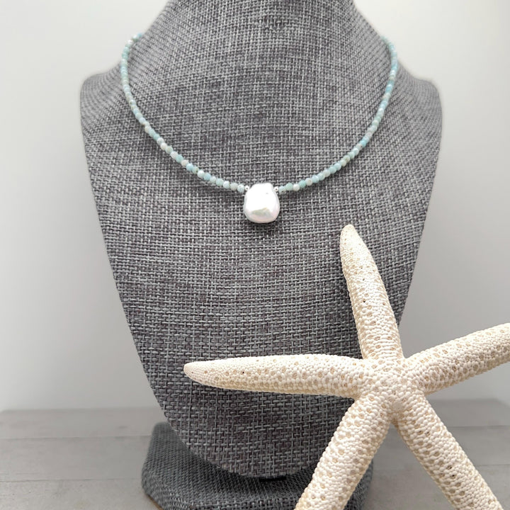 Larimar and Keshi Pearl Necklace - Genuine Blue Larimar Beaded, White Keshi Pearl, Sterling Silver - Ocean Inspired Jewelry - SunlightSilver