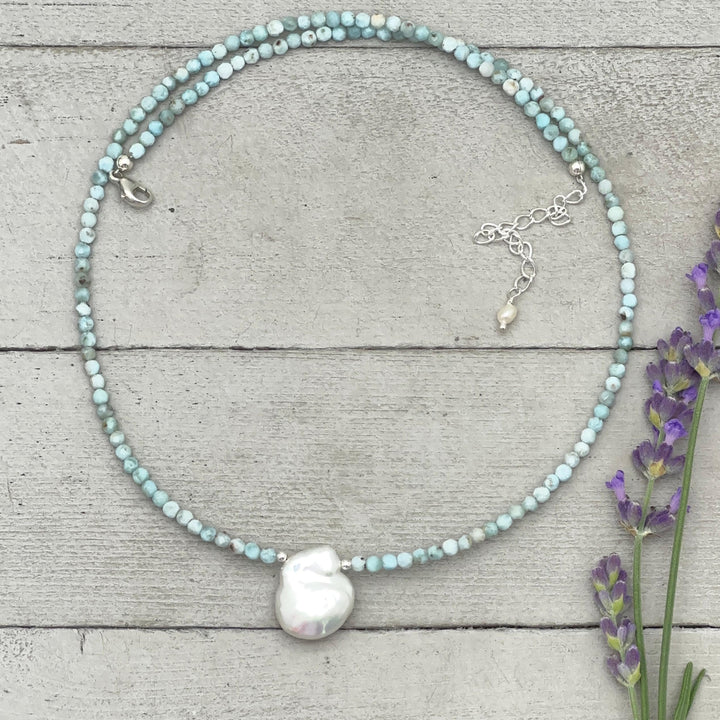 Larimar and Keshi Pearl Necklace - Genuine Blue Larimar Beaded, White Keshi Pearl, Sterling Silver - Ocean Inspired Jewelry - SunlightSilver