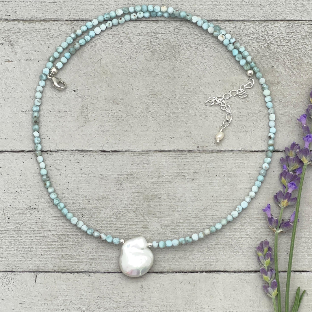 Larimar and Keshi Pearl Necklace - Genuine Blue Larimar Beaded, White Keshi Pearl, Sterling Silver - Ocean Inspired Jewelry - SunlightSilver