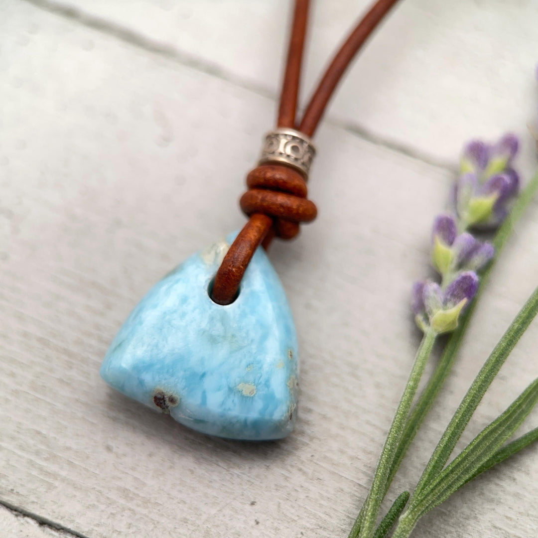 Larimar Crystal Pendant Necklace | Sterling Silver, White Freshwater Pearls, and Rustic Brown Leather Necklace - SunlightSilver