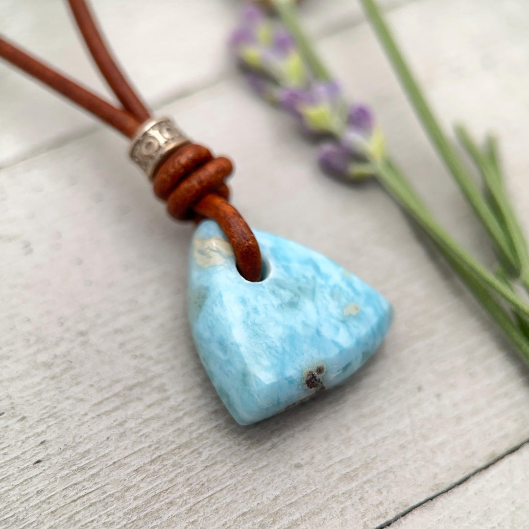 Larimar Crystal Pendant Necklace | Sterling Silver, White Freshwater Pearls, and Rustic Brown Leather Necklace - SunlightSilver