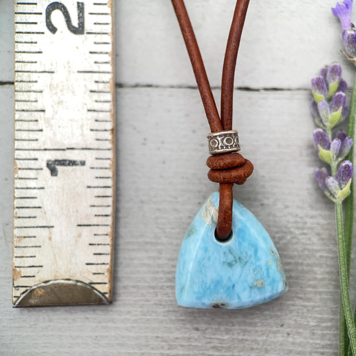 Larimar Crystal Pendant Necklace | Sterling Silver, White Freshwater Pearls, and Rustic Brown Leather Necklace - SunlightSilver