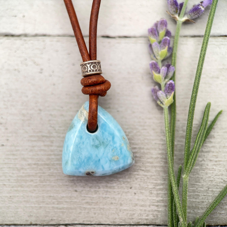 Larimar Crystal Pendant Necklace | Sterling Silver, White Freshwater Pearls, and Rustic Brown Leather Necklace - SunlightSilver