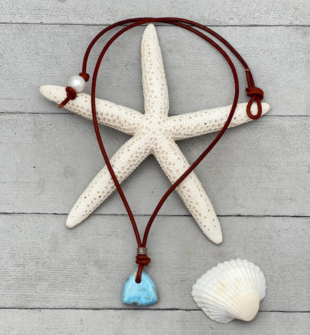 Larimar Crystal Pendant Necklace | Sterling Silver, White Freshwater Pearls, and Rustic Brown Leather Necklace - SunlightSilver