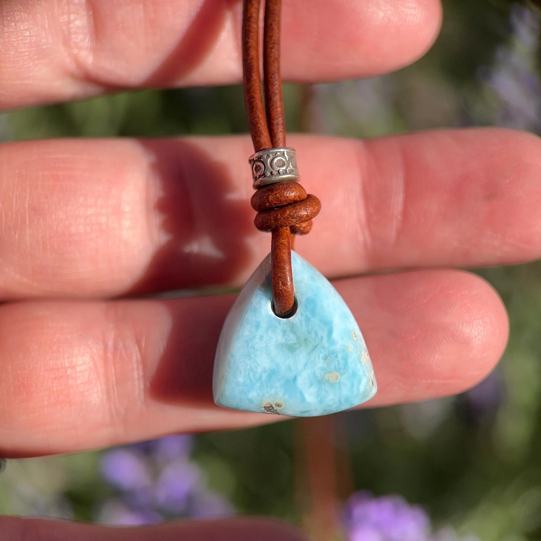 Larimar Crystal Pendant Necklace | Sterling Silver, White Freshwater Pearls, and Rustic Brown Leather Necklace - SunlightSilver