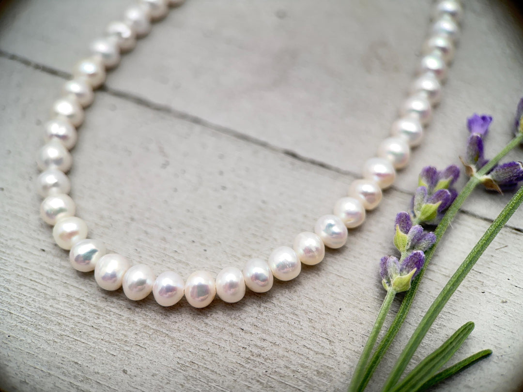 White Nearly Round Pearl Necklace - Sterling Silver - Dainty Pearl Choker, Freshwater Pearl Jewelry, Bridal Classic Pearl Gift - SunlightSilver