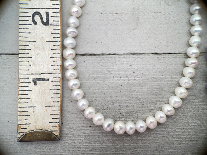 White Nearly Round Pearl Necklace - Sterling Silver - Dainty Pearl Choker, Freshwater Pearl Jewelry, Bridal Classic Pearl Gift - SunlightSilver