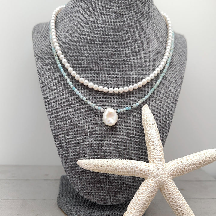White Nearly Round Pearl Necklace - Sterling Silver - Dainty Pearl Choker, Freshwater Pearl Jewelry, Bridal Classic Pearl Gift - SunlightSilver