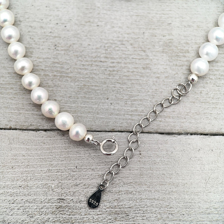White Nearly Round Pearl Necklace - Sterling Silver - Dainty Pearl Choker, Freshwater Pearl Jewelry, Bridal Classic Pearl Gift - SunlightSilver