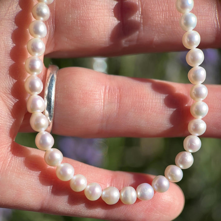 White Nearly Round Pearl Necklace - Sterling Silver - Dainty Pearl Choker, Freshwater Pearl Jewelry, Bridal Classic Pearl Gift - SunlightSilver