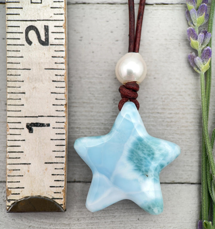 Larimar Star Necklace - Genuine Larimar Pendant, Leather Necklace, Blue Larimar Jewelry, Ocean Inspired Gift - SunlightSilver