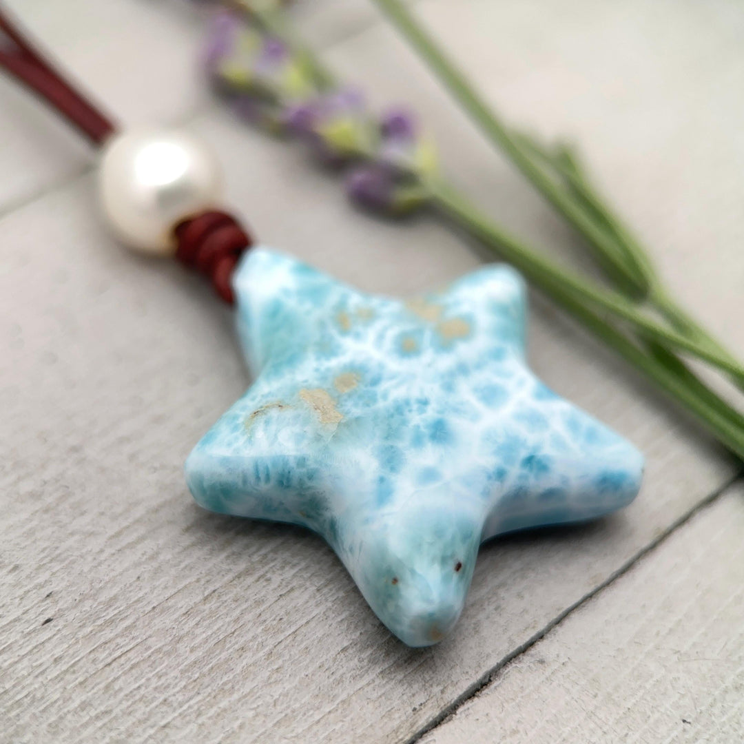 Larimar Star Necklace - Genuine Larimar Pendant, Leather Necklace, Blue Larimar Jewelry, Ocean Inspired Gift - SunlightSilver