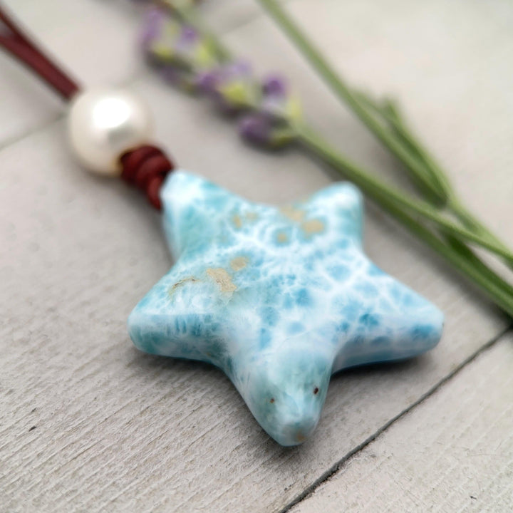 Larimar Star Necklace - Genuine Larimar Pendant, Leather Necklace, Blue Larimar Jewelry, Ocean Inspired Gift - SunlightSilver
