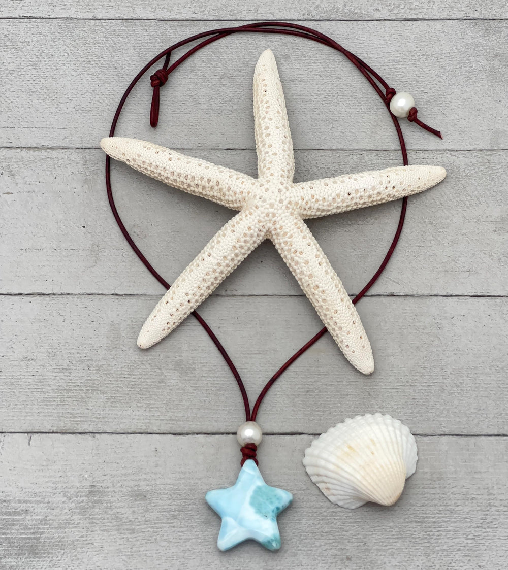 Larimar Star Necklace - Genuine Larimar Pendant, Leather Necklace, Blue Larimar Jewelry, Ocean Inspired Gift - SunlightSilver