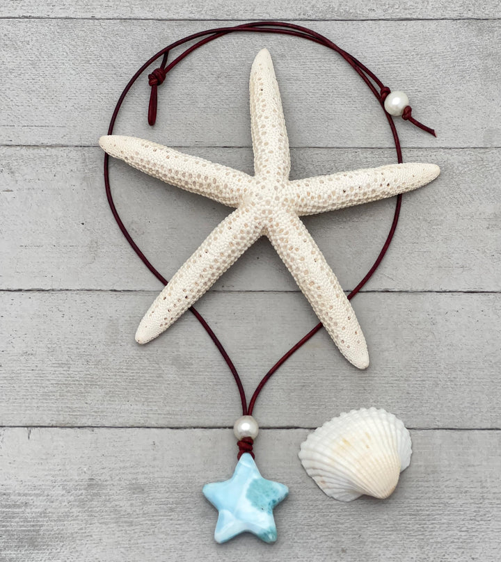 Larimar Star Necklace - Genuine Larimar Pendant, Leather Necklace, Blue Larimar Jewelry, Ocean Inspired Gift - SunlightSilver