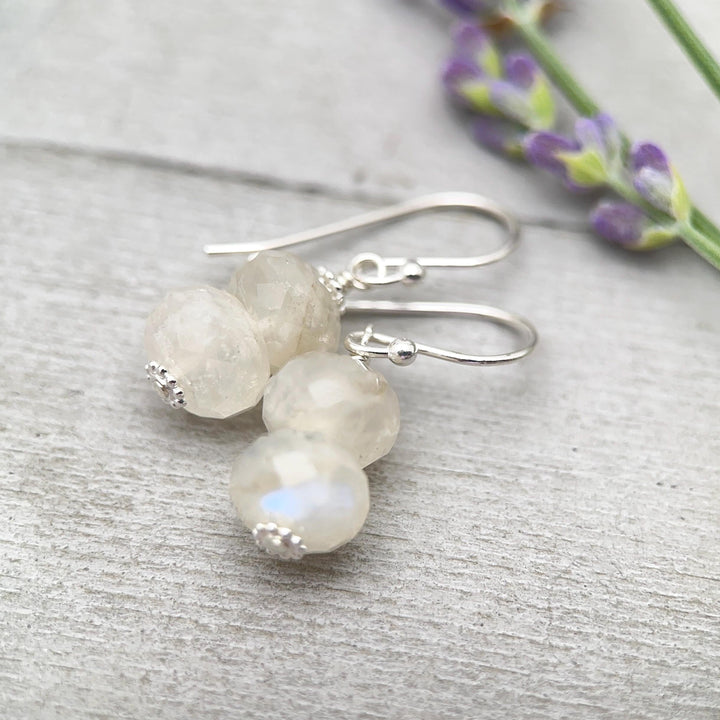 Faceted Moonstone and Sterling Silver Earrings. Flashy Glowing Stones - SunlightSilver