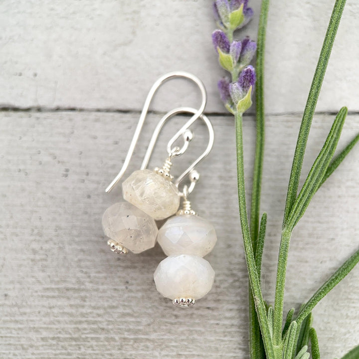 Faceted Moonstone and Sterling Silver Earrings. Flashy Glowing Stones - SunlightSilver