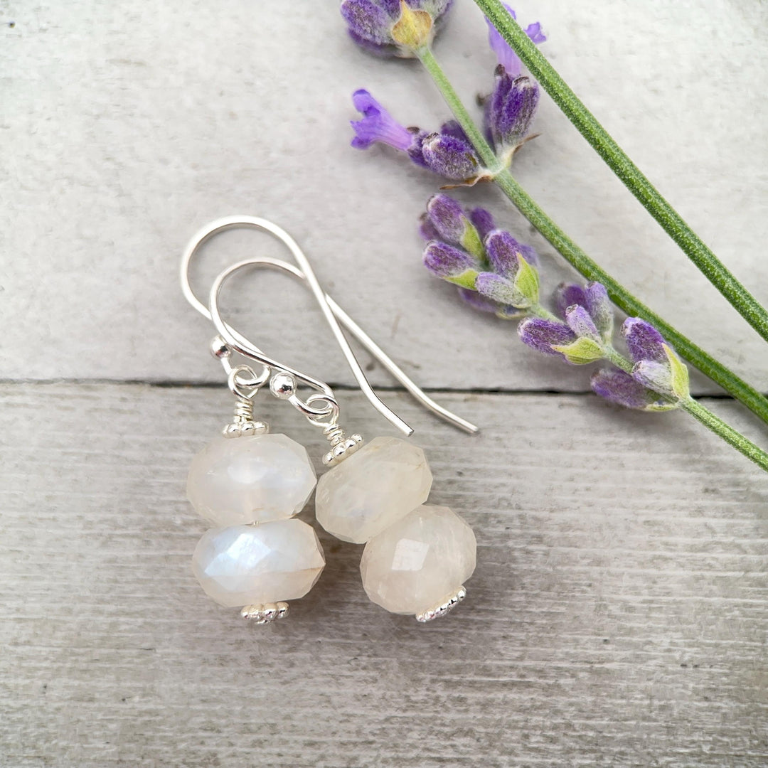 Faceted Moonstone and Sterling Silver Earrings. Flashy Glowing Stones - SunlightSilver