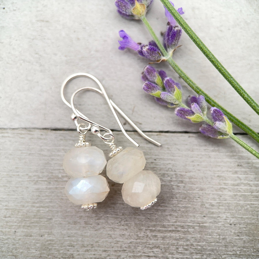 Faceted Moonstone and Sterling Silver Earrings. Flashy Glowing Stones - SunlightSilver