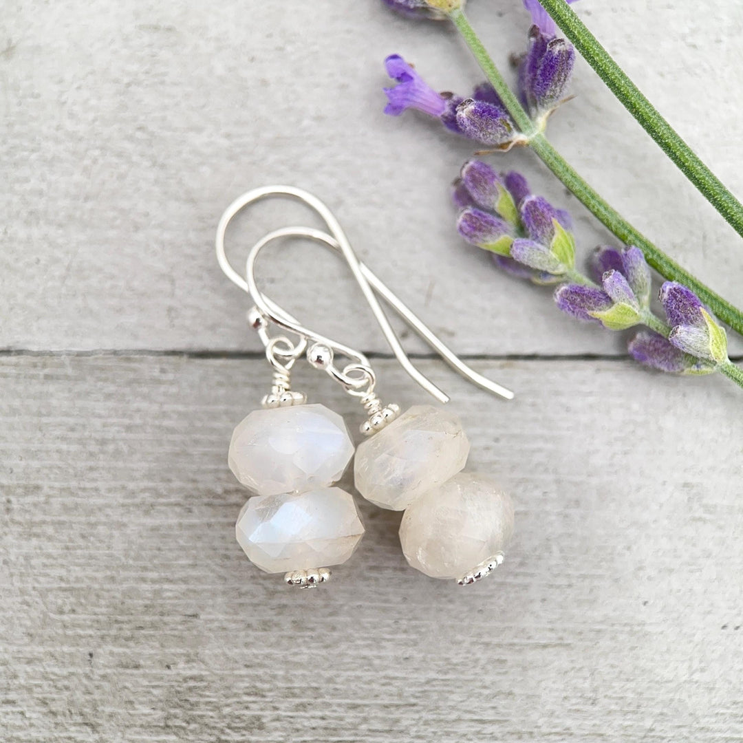 Faceted Moonstone and Sterling Silver Earrings. Flashy Glowing Stones - SunlightSilver
