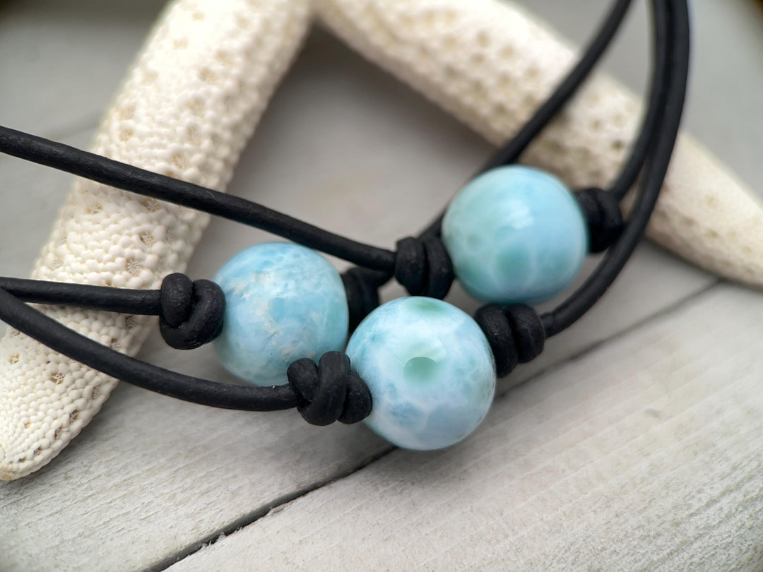 Larimar and Rustic Brown Leather Choker Necklace - SunlightSilver