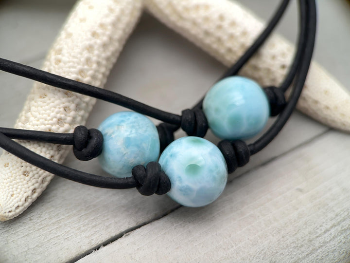 Larimar and Rustic Brown Leather Choker Necklace - SunlightSilver