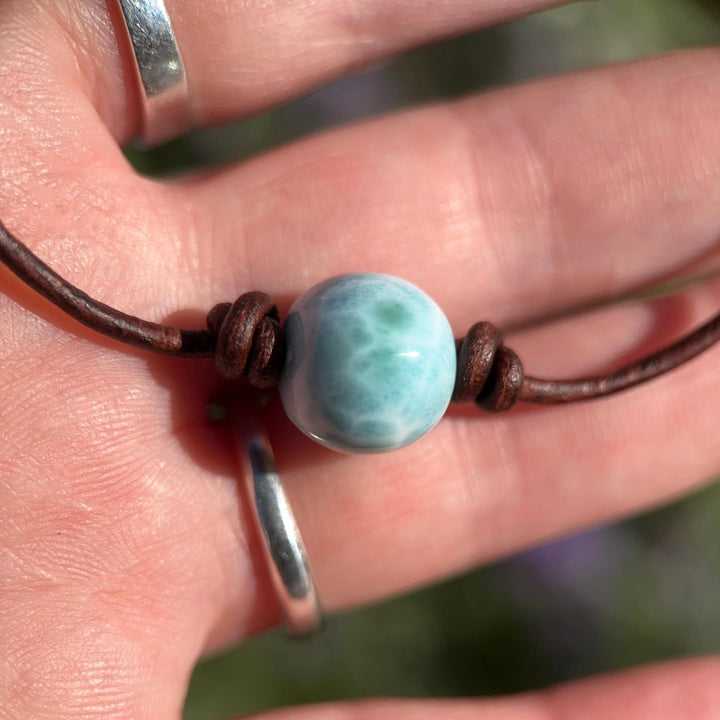 Larimar and Rustic Brown Leather Choker Necklace - SunlightSilver