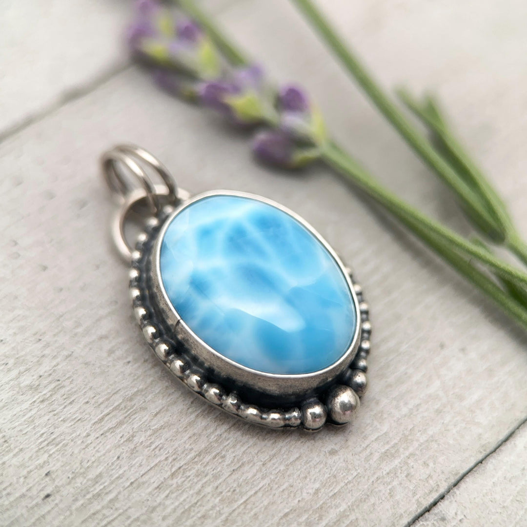 Larimar and Solid 925 Sterling Silver Pendant Necklace - SunlightSilver