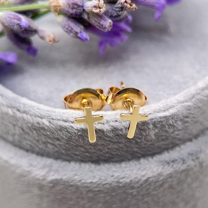 Gold Cross Stud Earrings - 14k Yellow Gold Filled, Dainty Christian Cross Earrings, Minimalist Faith Jewelry - SunlightSilver