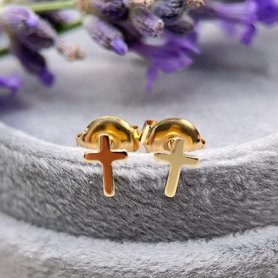 Gold Cross Stud Earrings - 14k Yellow Gold Filled, Dainty Christian Cross Earrings, Minimalist Faith Jewelry - SunlightSilver