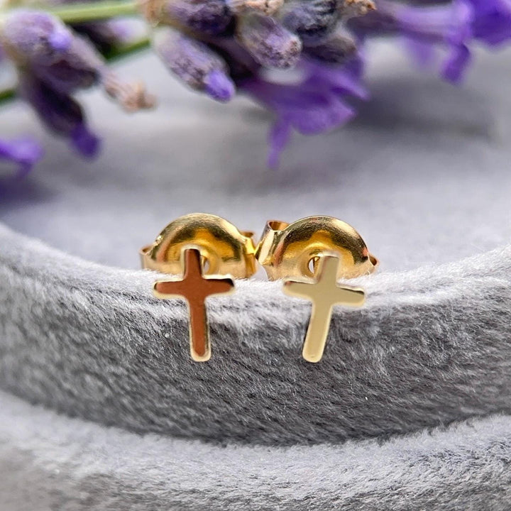 Gold Cross Stud Earrings - 14k Yellow Gold Filled, Dainty Christian Cross Earrings, Minimalist Faith Jewelry - SunlightSilver