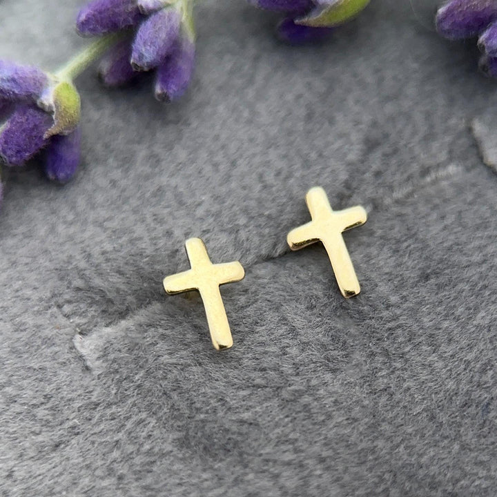Gold Cross Stud Earrings - 14k Yellow Gold Filled, Dainty Christian Cross Earrings, Minimalist Faith Jewelry - SunlightSilver